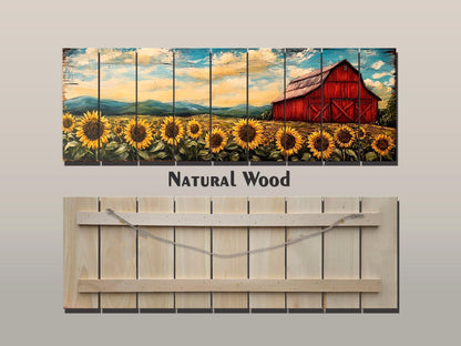 Rustic Wooden Wall Art – Old Red Barn on Sunflowers Field Print, Natural Wood Decor