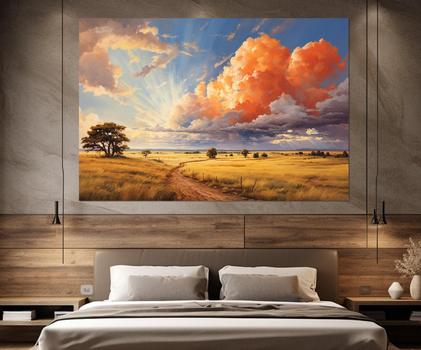 Rustic Landscape Canvas Print – Scenic Field Painting with Golden Autumn Decor