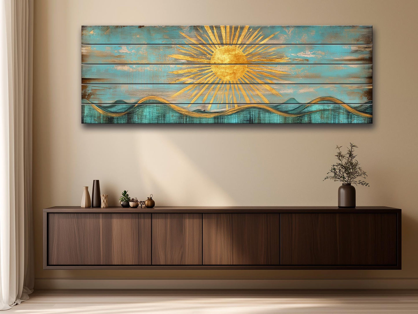 Abstract Golden Sun Over Turquoise Waves Print on Natural Wood, Boho Sunrise Print, Rustic Sun Painting, Boho Wall Decor, Wood in Interior