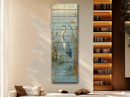 Wood Wall Art – Graceful Heron Print on Natural Wood Planks | Rustic Cabin Decor
