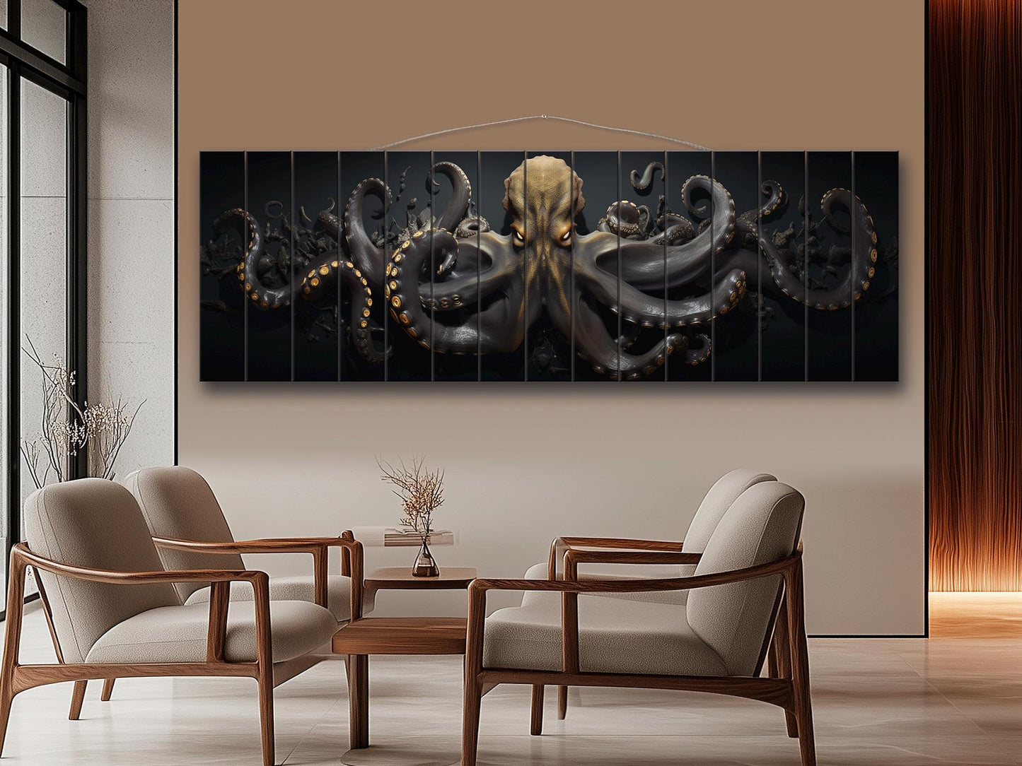 Black And Gold  Octopus Printed On  Natural Wood – Nautical Wall Decor