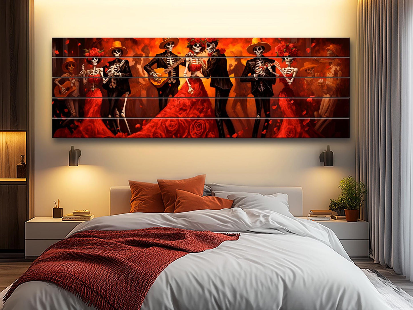 Day of Dead Wall Art – Skeleton Dance Painting on Wood | Mexican Wall Decor