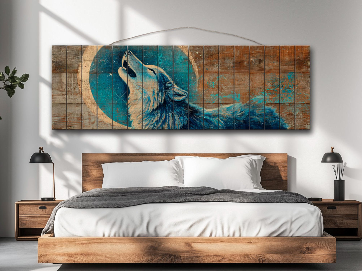 Wood Wall Art - Mystical Wolf Howling on Full Moon Print on Natural Wood, Howling Wolf Painting, Native American Wall Decor, Rustic Wolf Art