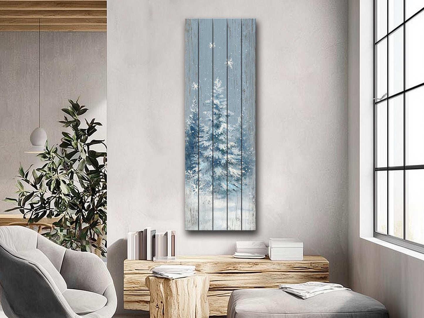 Rustic Wall Art – Snowy Forest Print on Wood Plank | Natural Wood Decor