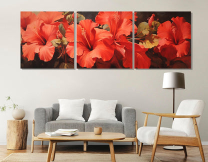 Red Hibiscus Canvas - Large Floral Wall Art | Abstract Flower Painting, Ready to Hang