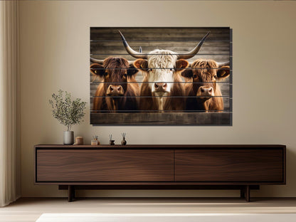 Rustic Wood Wall Art – Highland Cows Painting on Natural Wood Planks | Farmhouse Wall Decor