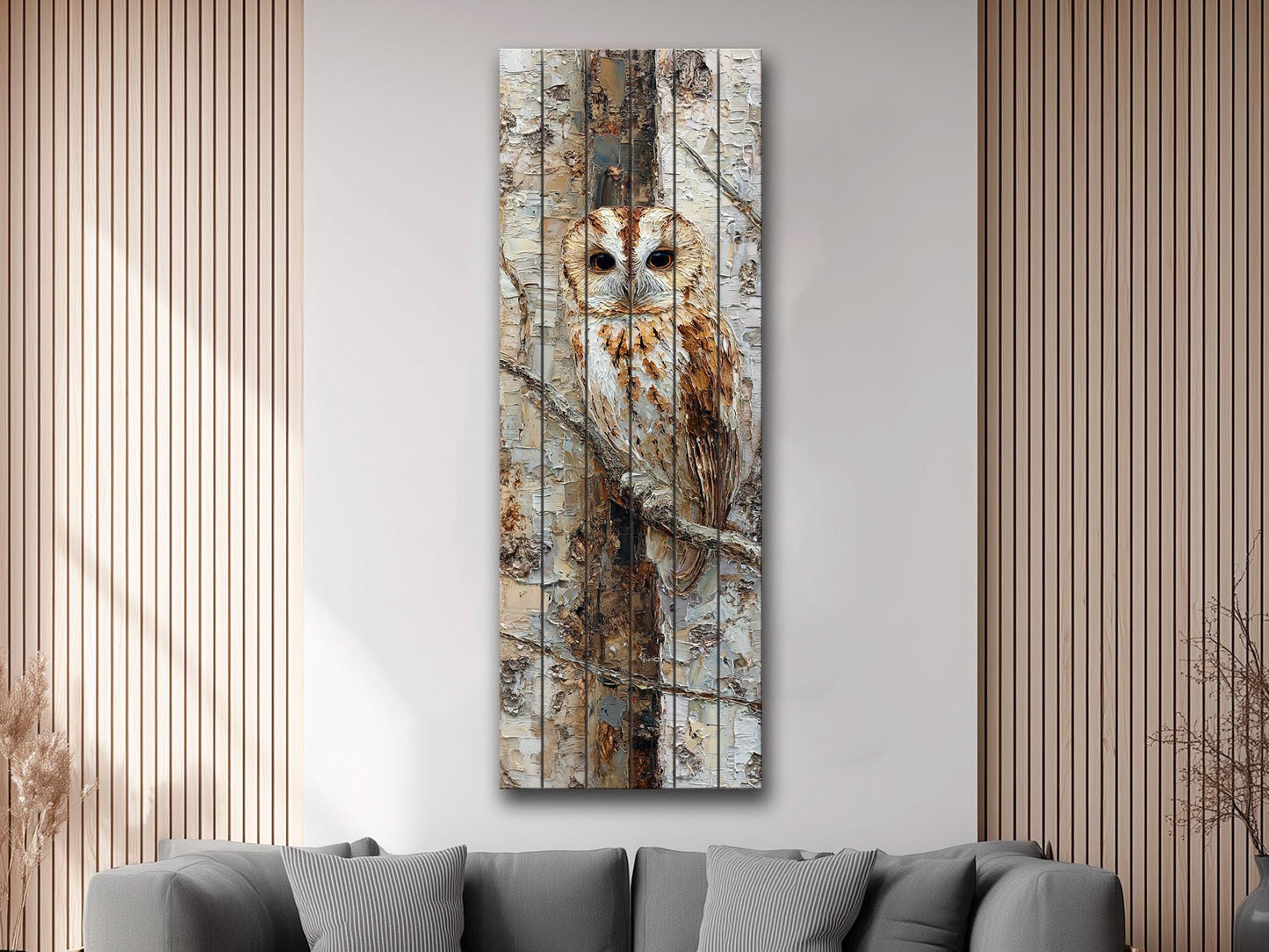 Owl Wall Art – Rustic Wood Print on Birch Bark | Textured Impasto Mixed Media Decor