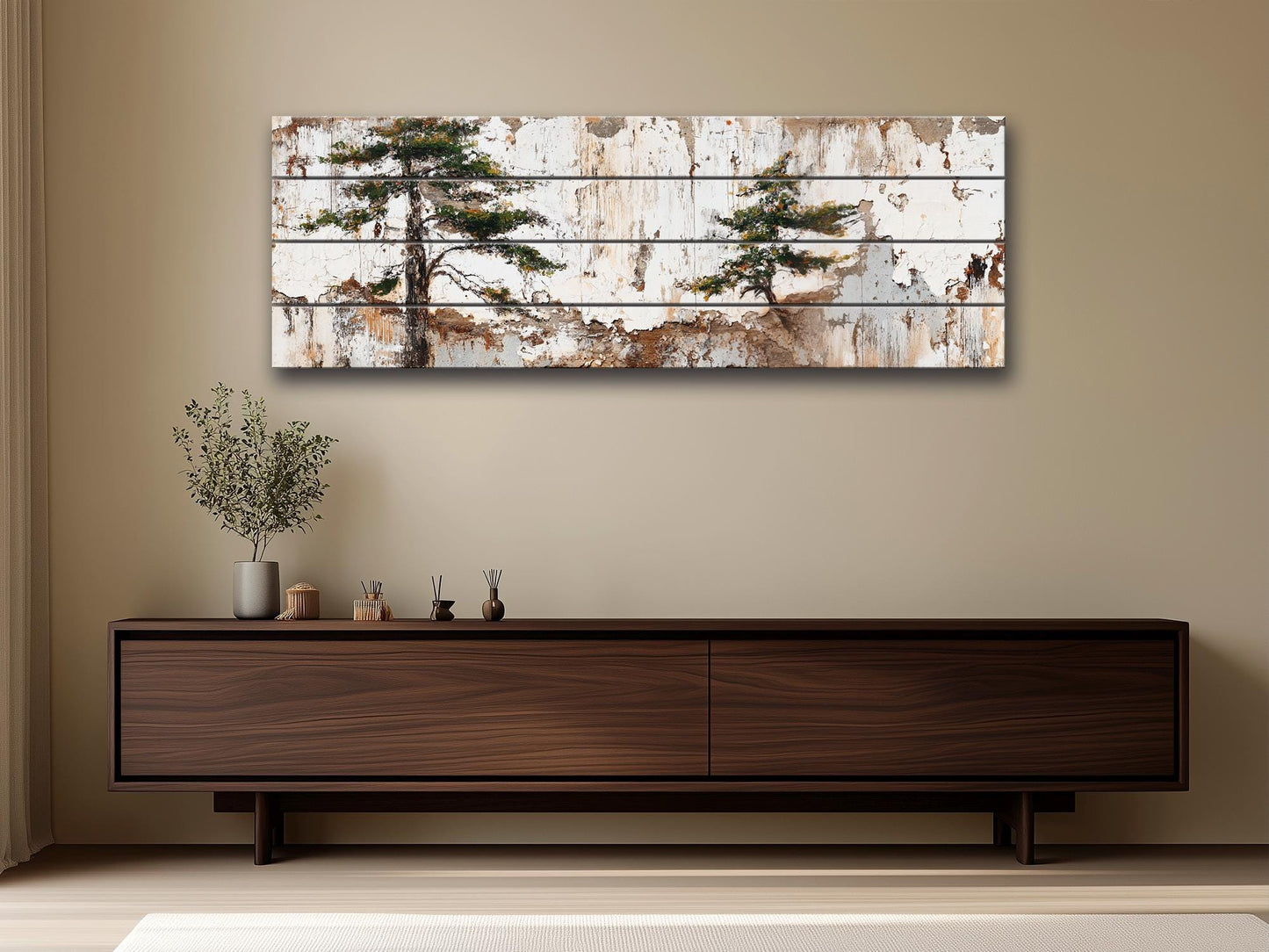Wabi Sabi Wood Art – Rustic Wall Art with Pine Trees on Textured Wood Panel