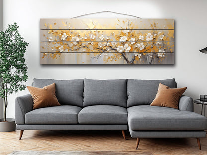 Abstract Gold and White Blossom Tree Print On Natural Wood