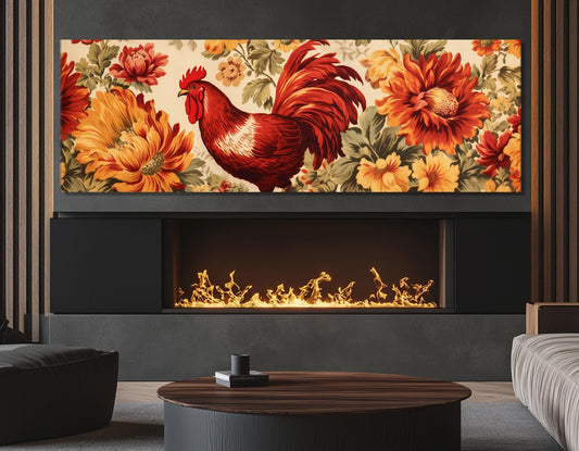 Rooster Canvas Print - Vintage Rooster Painting | Farmhouse Wall Decor, Framed Canvas