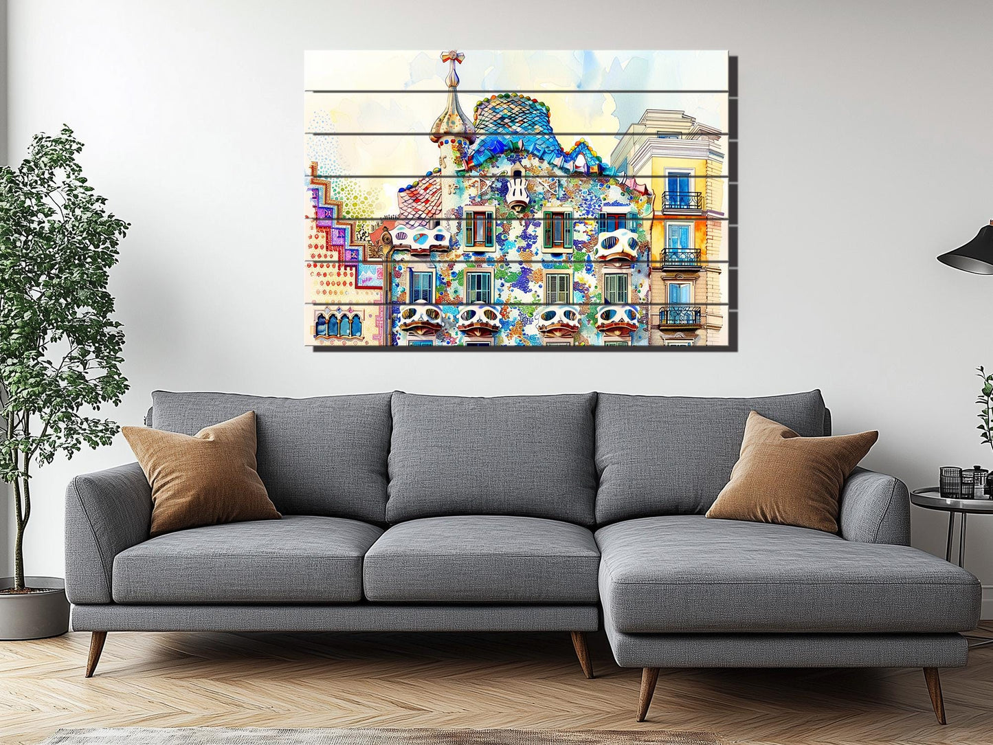 Casa Batlló In Barcelona by Antoni Gaudí Painting Printed on Natural Wood, Barcelona Wall Art, Casa Dels Ossos Print, Wood Wall Art