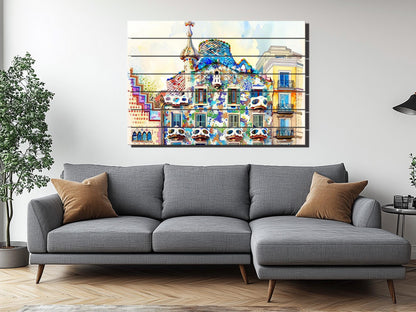 Casa Batlló In Barcelona by Antoni Gaudí Painting Printed on Natural Wood, Barcelona Wall Art, Casa Dels Ossos Print, Wood Wall Art