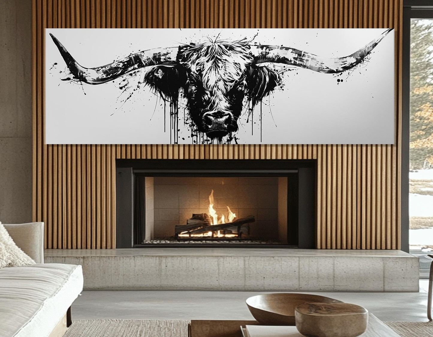 Longhorn Canvas Print - Framed Rustic Bull Decor with Black and White Art