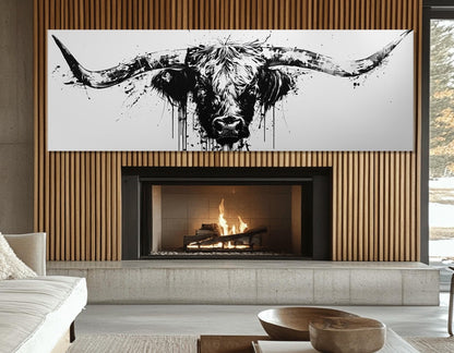 Longhorn Canvas Print - Framed Rustic Bull Decor with Black and White Art