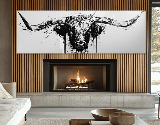 Longhorn Canvas Print - Framed Rustic Bull Decor with Black and White Art