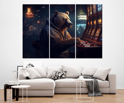 Casino Wall Art - Brown Bear Playing Slot Machines | Framed Canvas Print