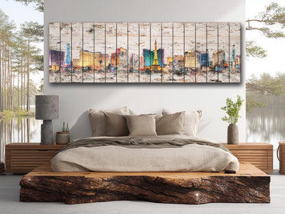 Rustic Las Vegas Painting – Panoramic Wood Wall Art with Neon Lights Print
