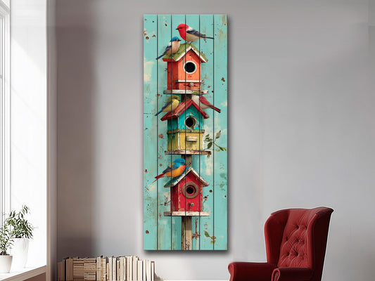 Rustic Wood Wall Art – Colorful Birdhouses Decor | Farmhouse Outdoor Art
