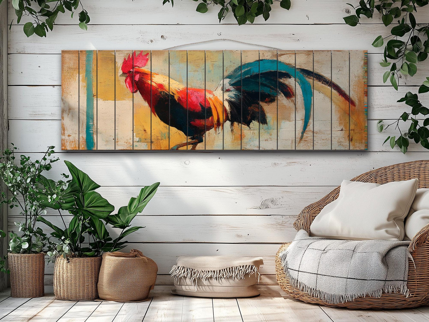 Rustic Rooster Print on Natural Wood, Rooster Painting, Chicken Farm Decor, Farmhouse Wall Decor, Wood Wall Art, Cozy Cabin Wall Decor