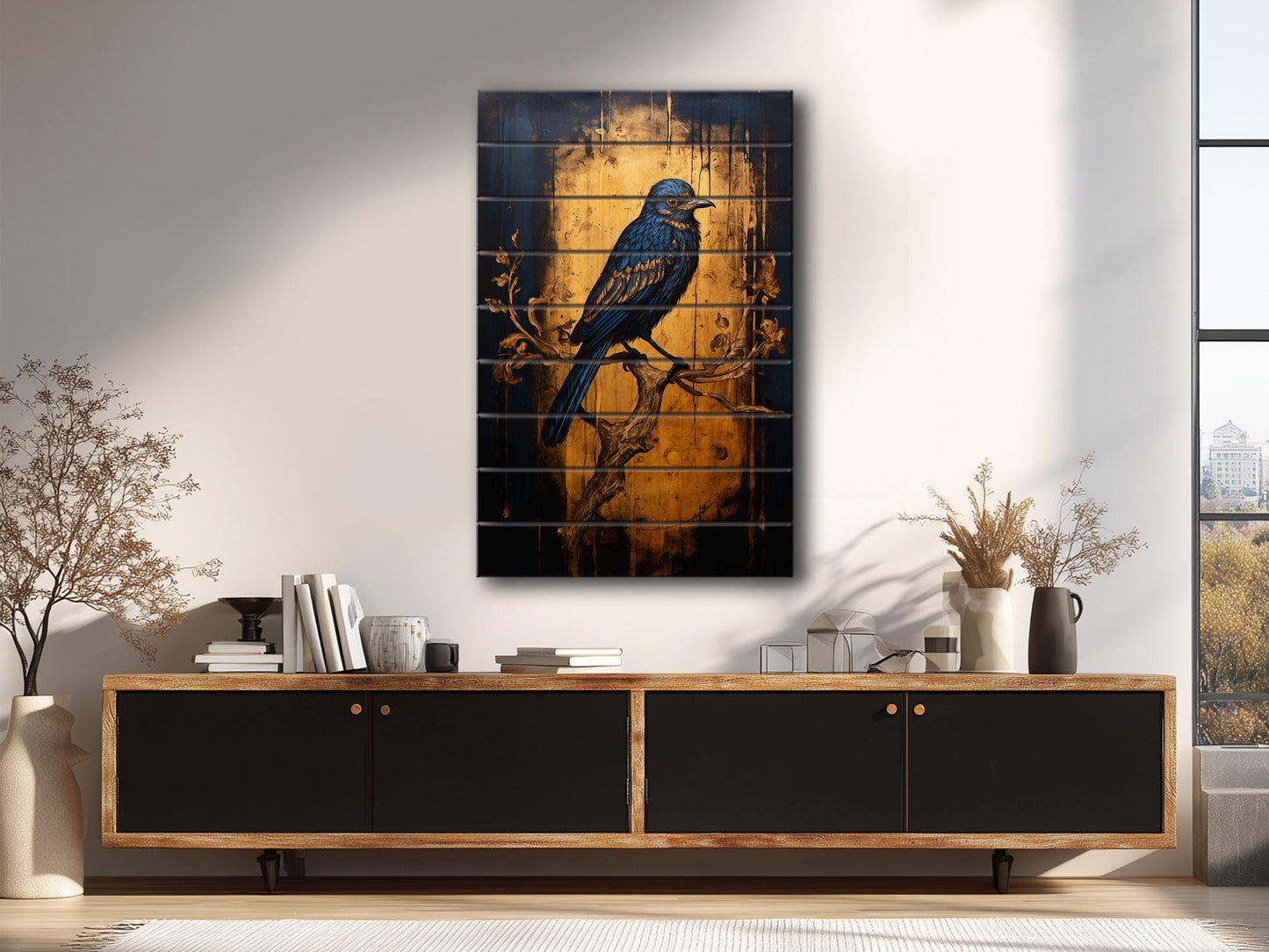 Vintage Blue Songbird Art – Rustic Wall Art on Natural Wood Plank with Fade Resistant Print