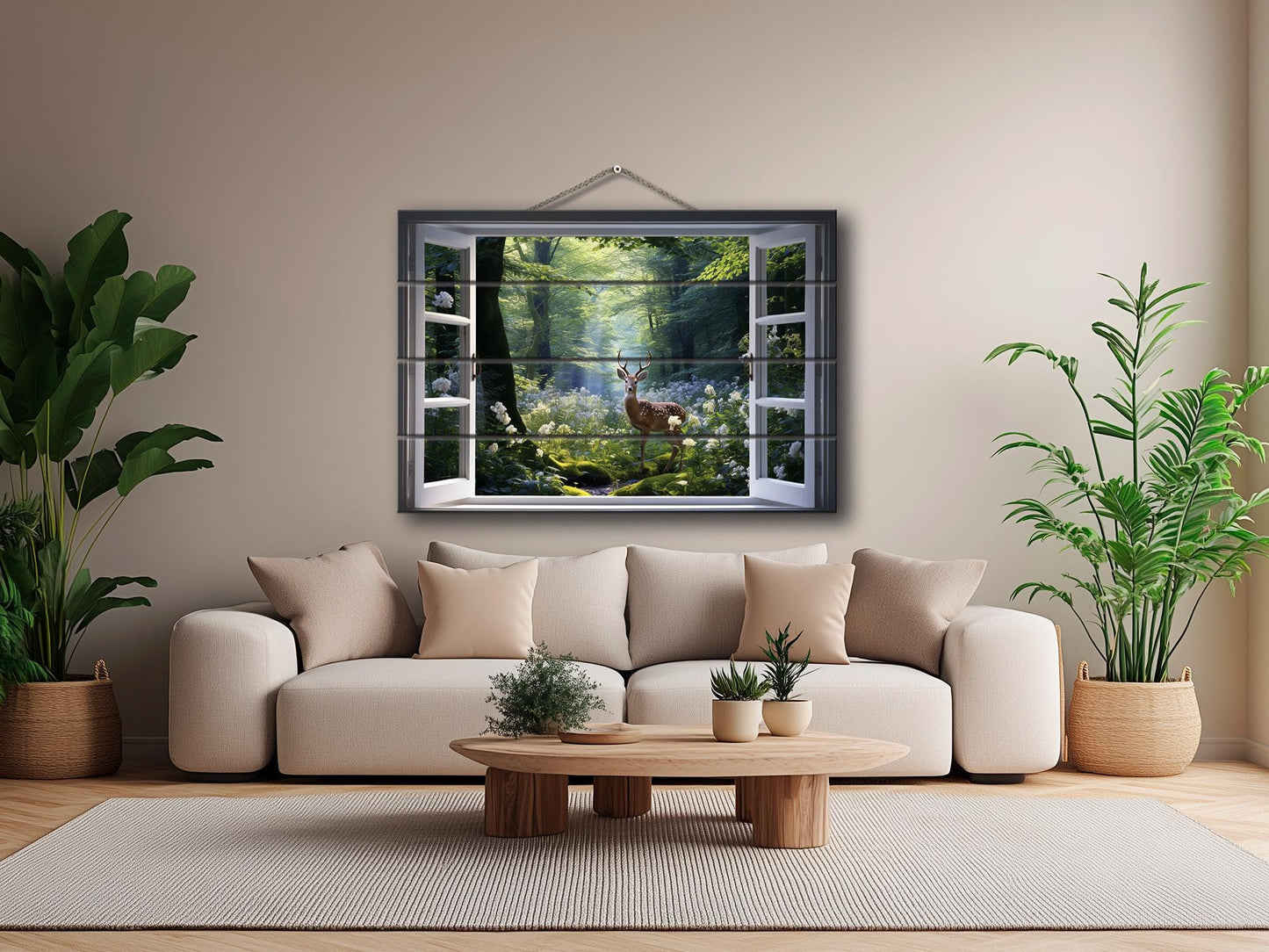 Wood Wall Art - Open Window Artwork Featuring Deer | Natural Wood Grain Decor