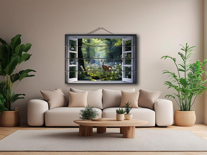 Wood Wall Art - Open Window Artwork Featuring Deer | Natural Wood Grain Decor