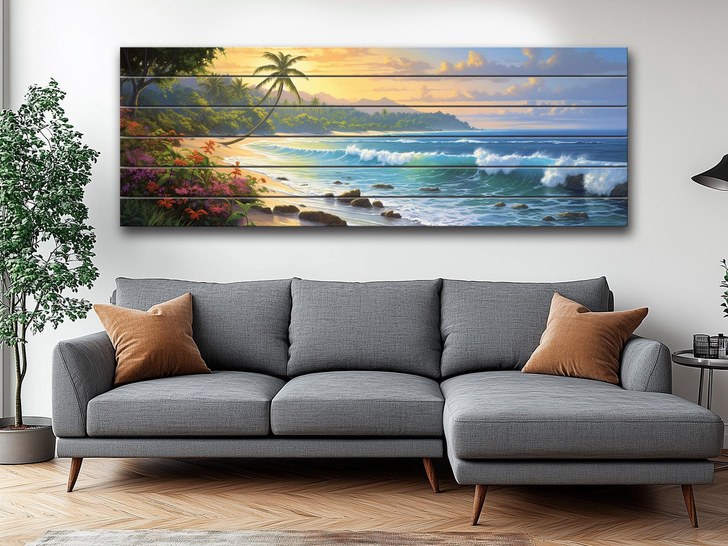 Beach Wood Wall Art – Tropical Beach Painting on Rustic Wood for Coastal Decor