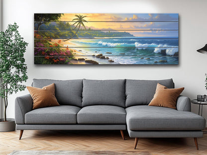 Beach Wood Wall Art – Tropical Beach Painting on Rustic Wood for Coastal Decor
