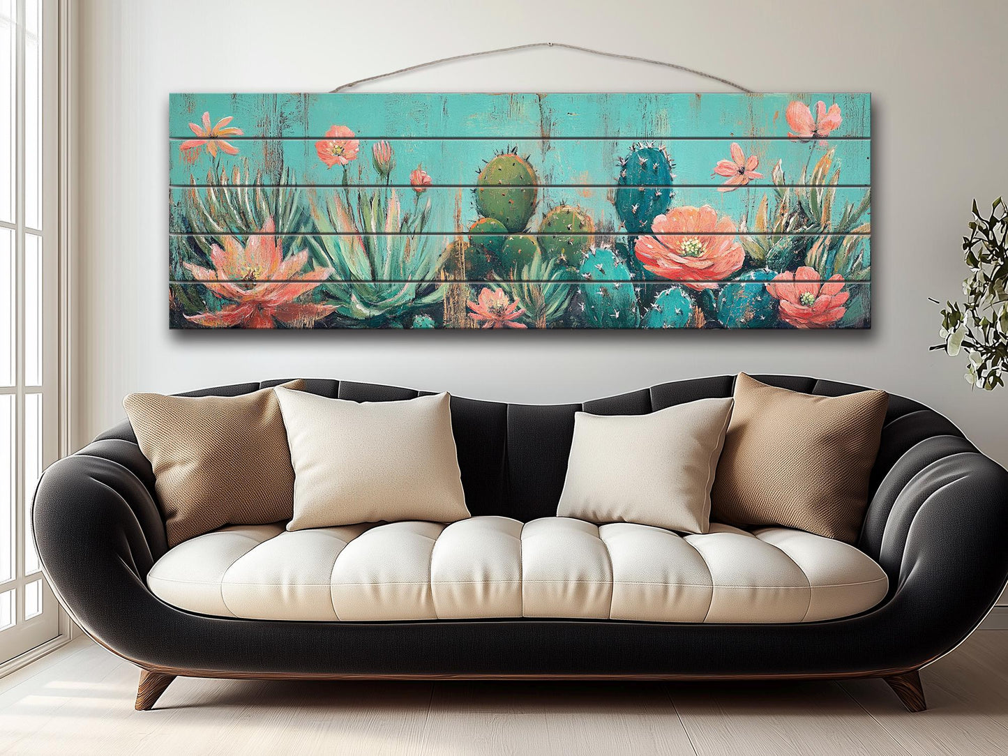 Cacti Garden with Blooming Succulents Print on Natural Wood, Rustic Flowers Painting, Cozy Cabin Wall Decor, Cactus Painting, Wood Wall Art