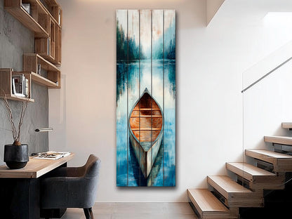 Wood Wall Art – Canoe Lake Painting on Rustic Natural Wood Plank – Nautical Scene Print
