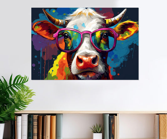 Cow in Glasses Canvas – Framed Cotton Gallery Wrapped Print | Kids Room Wall Art