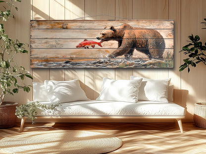 Rustic Wood Wall Art – Grizzly Bear Print on Linden Wood Planks | Natural Wildlife Decor