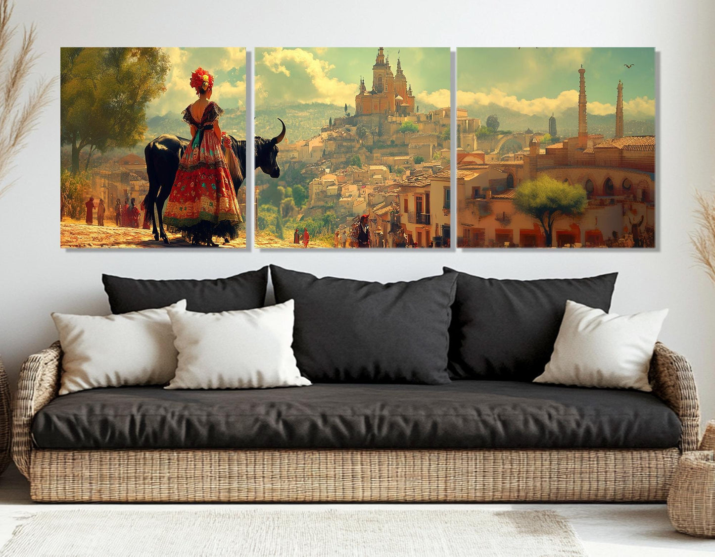 Spanish Village Canvas Print – Framed Cotton Canvas Wall Art with Bull Artwork