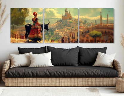 Spanish Village Canvas Print – Framed Cotton Canvas Wall Art with Bull Artwork