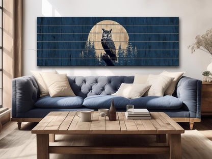 Owl Silhouette in Moonlit Forest Print on Wood, Rustic Woodland Wall Art