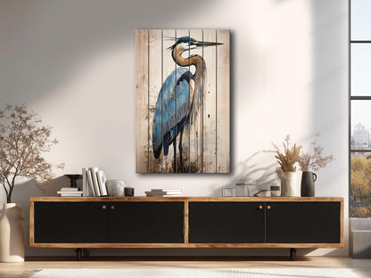 Heron Print on Natural Wood – Oil Painting Style Rustic Cabin Wall Art