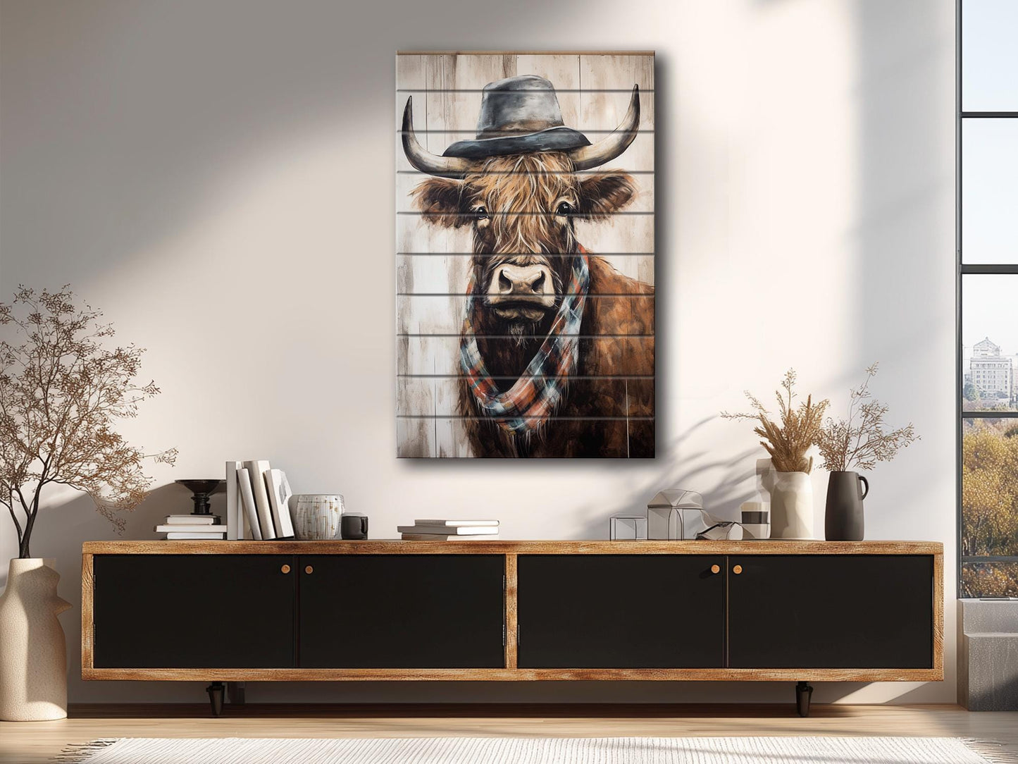 Rustic Wood Wall Art – Highland Cow Artwork on Natural Wood Planks | Farmhouse Wall Decor