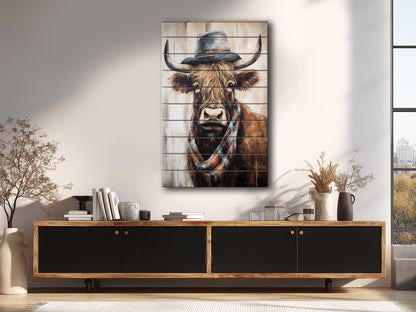Rustic Wood Wall Art – Highland Cow Artwork on Natural Wood Planks | Farmhouse Wall Decor