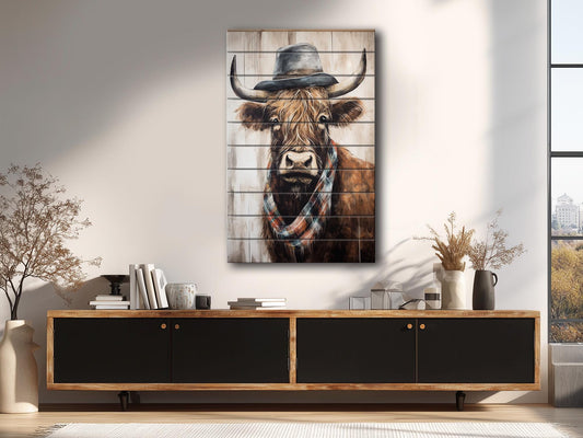 Rustic Wood Wall Art – Highland Cow Artwork on Natural Wood Planks | Farmhouse Wall Decor