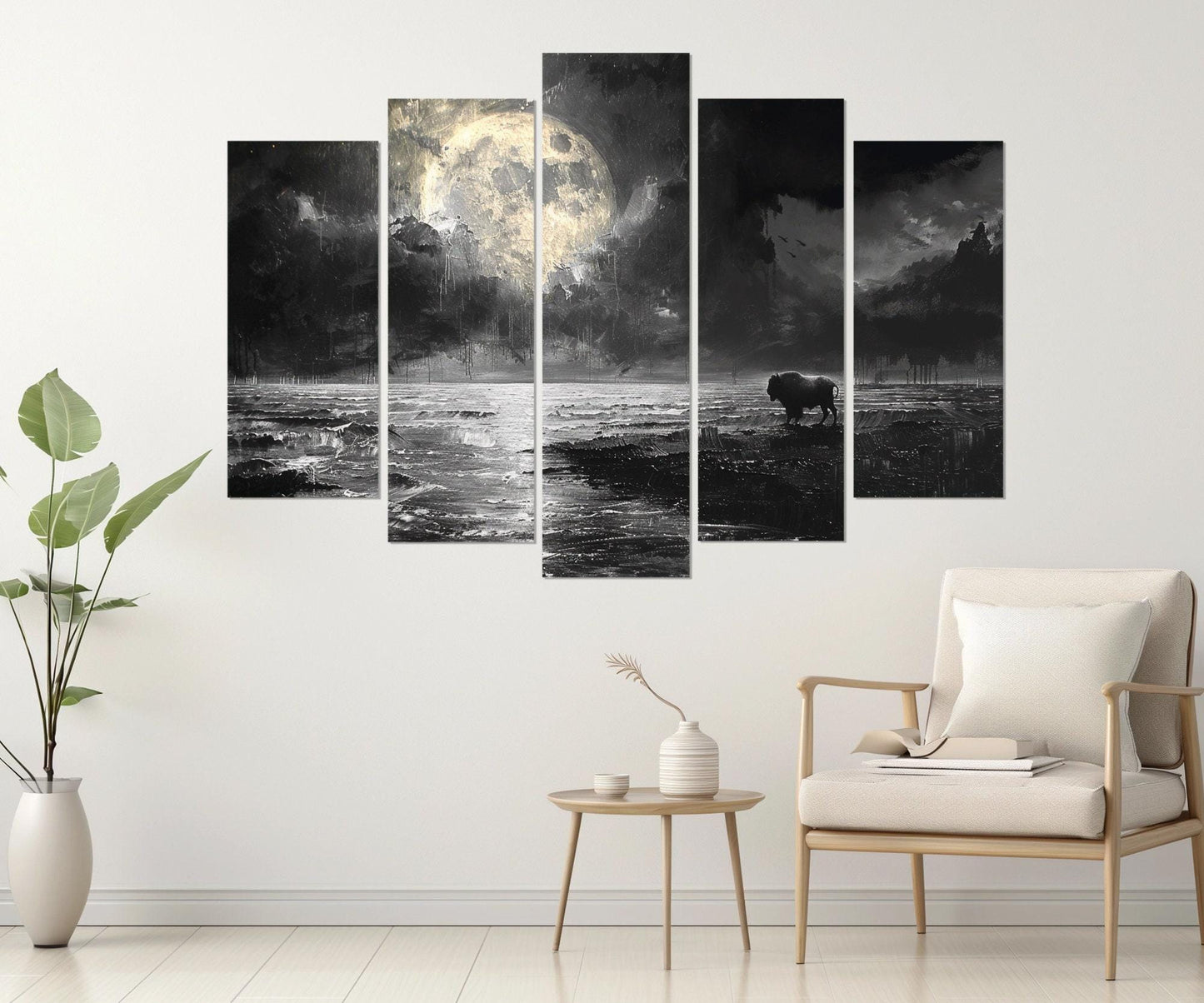 Moon Over Sea Canvas – Post-Apocalyptic Art Bison Print | Framed & Ready to Hang