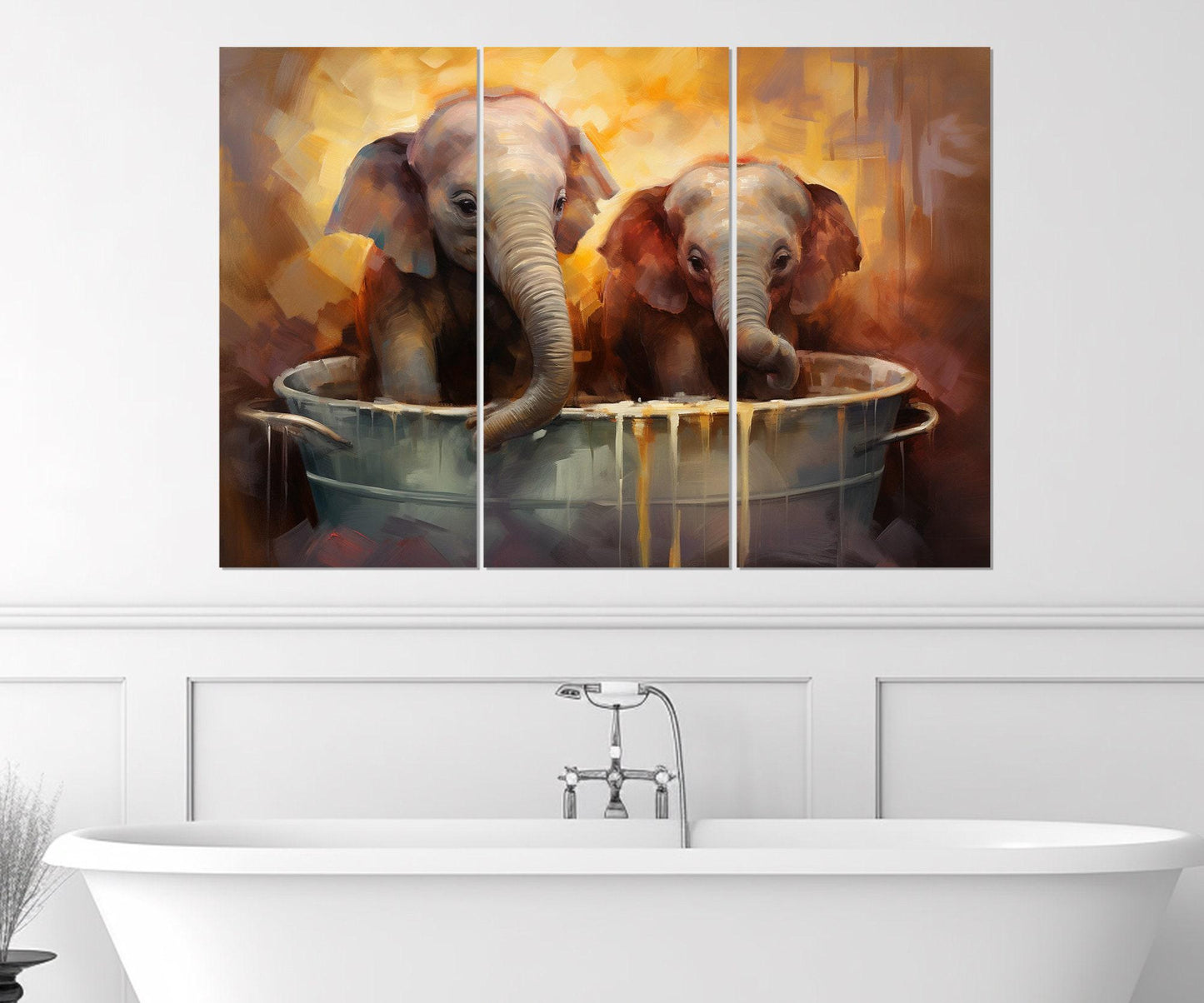 Cute Elephants in the Bathtub Canvas Print, Bathroom Wall Decor, Framed and Ready to Hang
