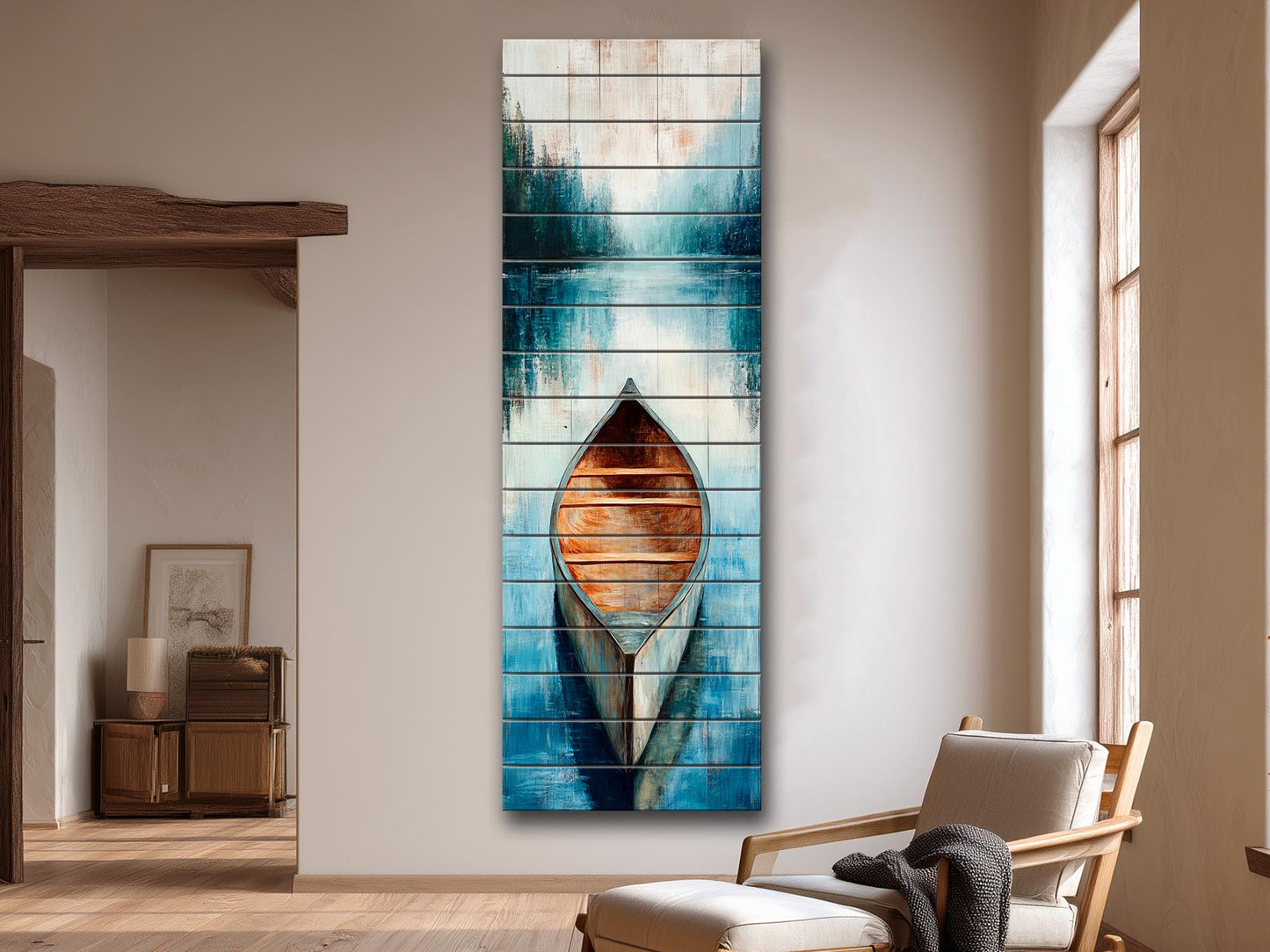 Wood Wall Art – Canoe Lake Painting on Rustic Natural Wood Plank – Nautical Scene Print