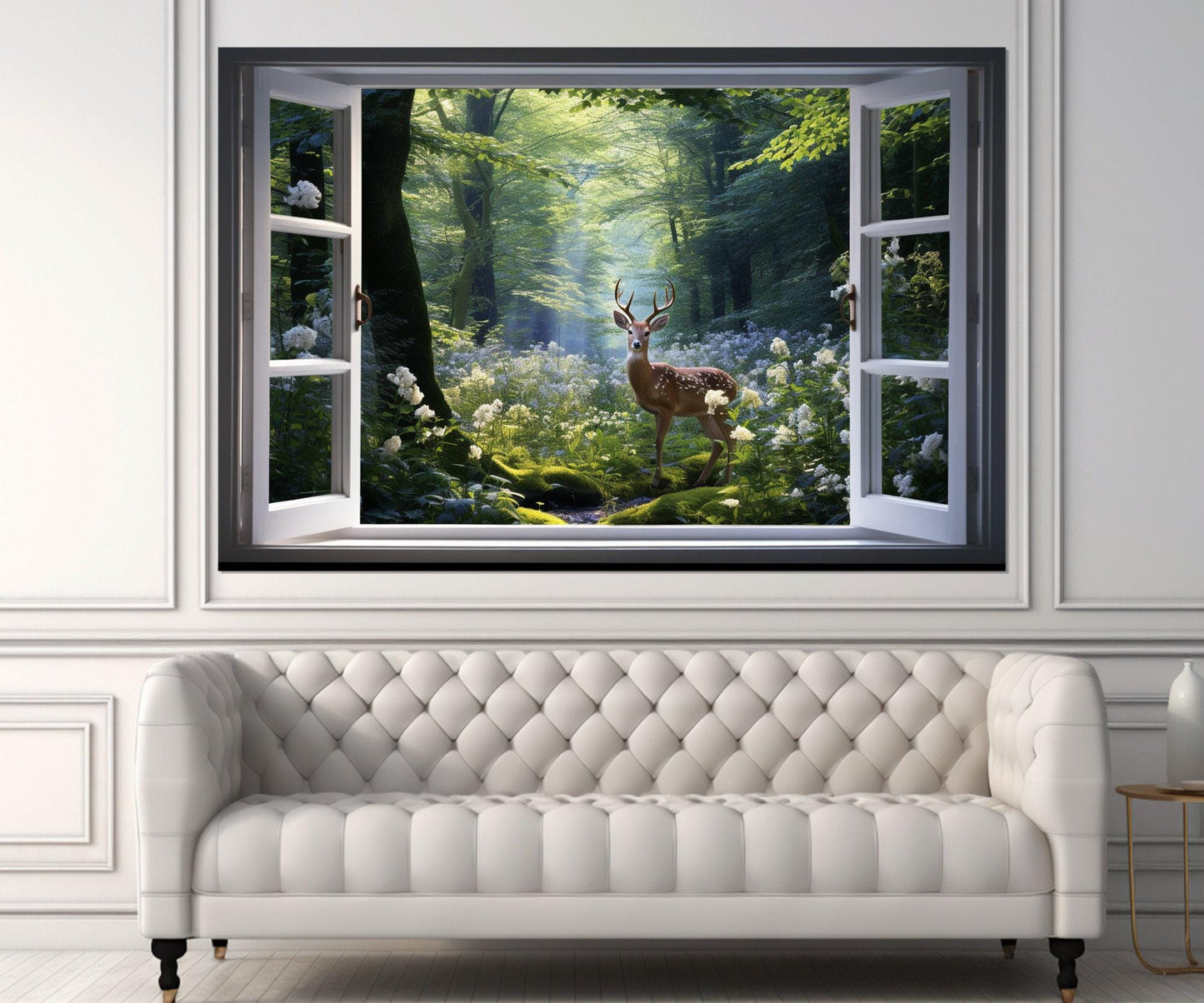 Forest Window Canvas – Faux Window Art With Deer, Spring Wall Decor Ready to Hang