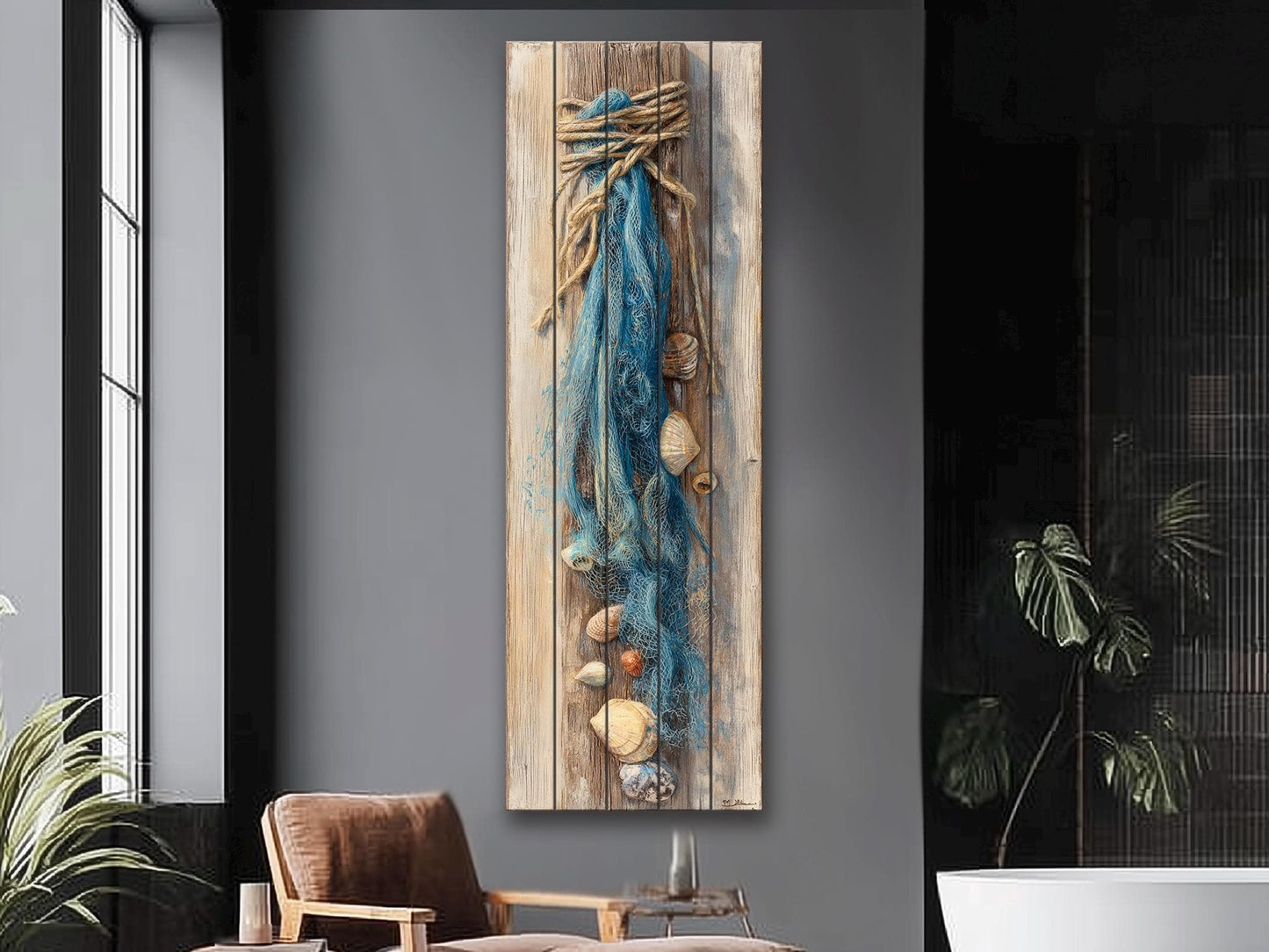 Wood Wall Art - Seashell Print – Nautical Coastal Decor – Fishing Net Beach Print on Natural Wood