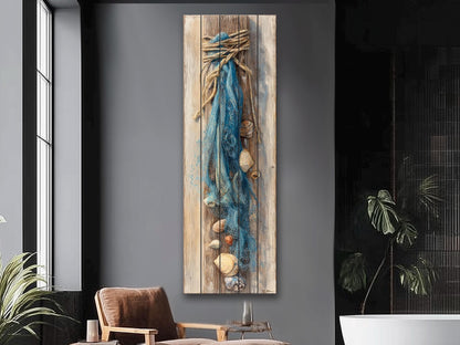 Wood Wall Art - Seashell Print – Nautical Coastal Decor – Fishing Net Beach Print on Natural Wood