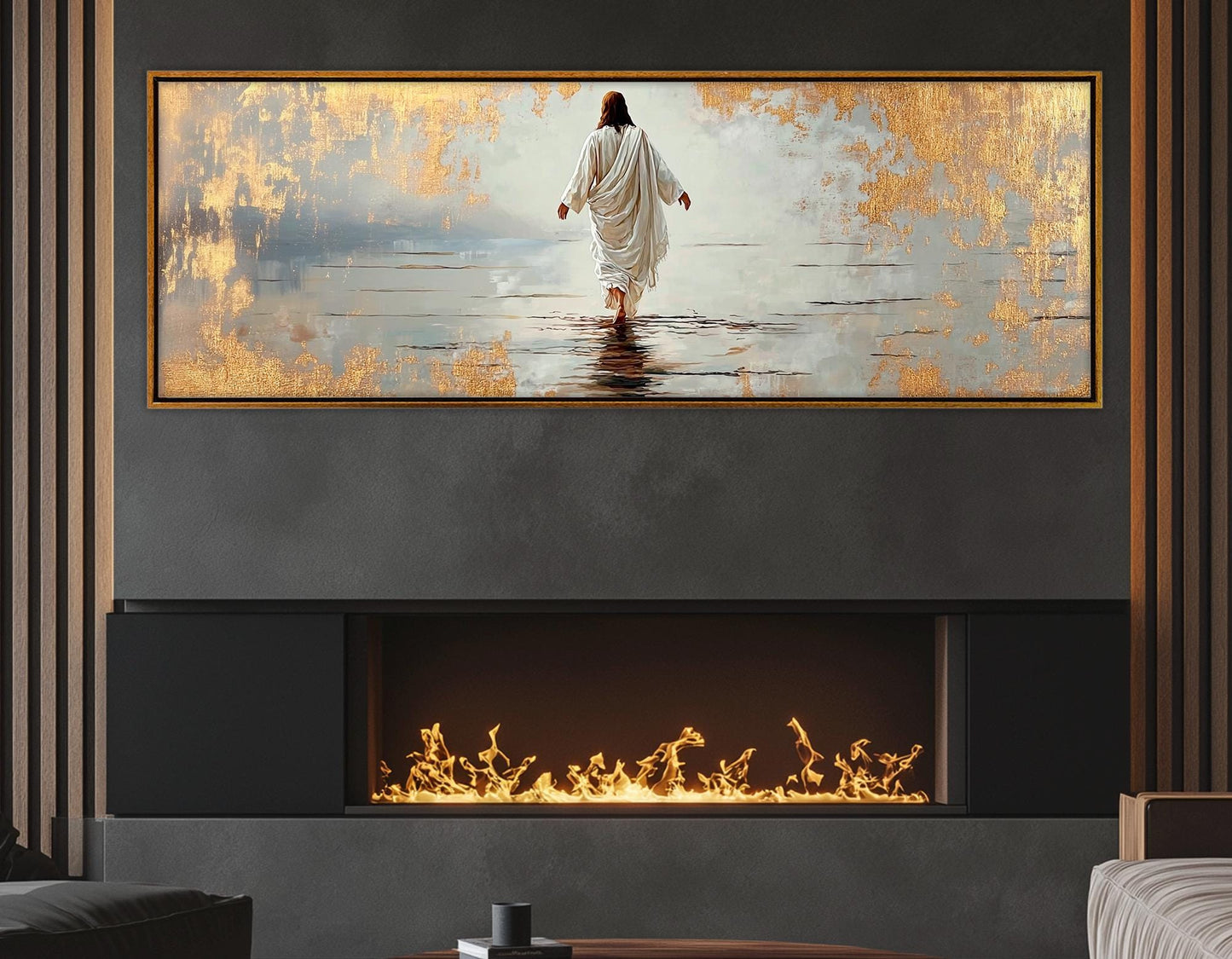 Jesus Walking on Water Religious Wall Art – Framed Canvas Print with Gold Leaf Accents