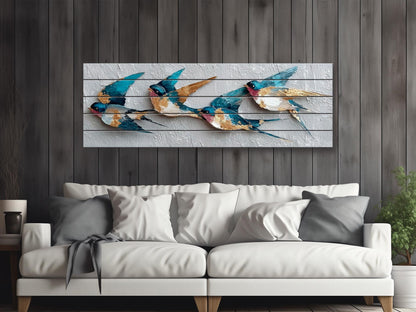 Flying Swallows Print on Natural Wood, Rustic Spring Wall Art