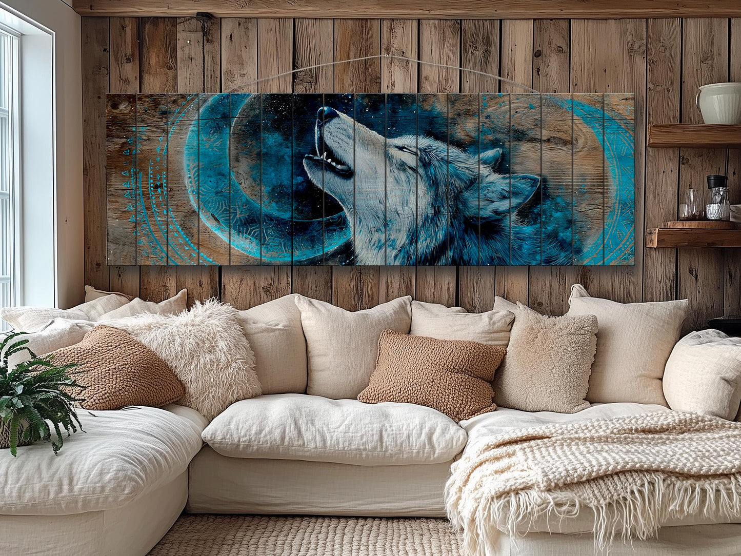 Wolf Howling on Full Moon Print on Natural Wood, Rustic Howling Wolf Painting, Native American Wall Decor, Wolf Wall Art, Tribal Wall Decor