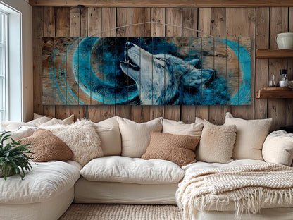 Wolf Howling on Full Moon Print on Natural Wood, Rustic Howling Wolf Painting, Native American Wall Decor, Wolf Wall Art, Tribal Wall Decor