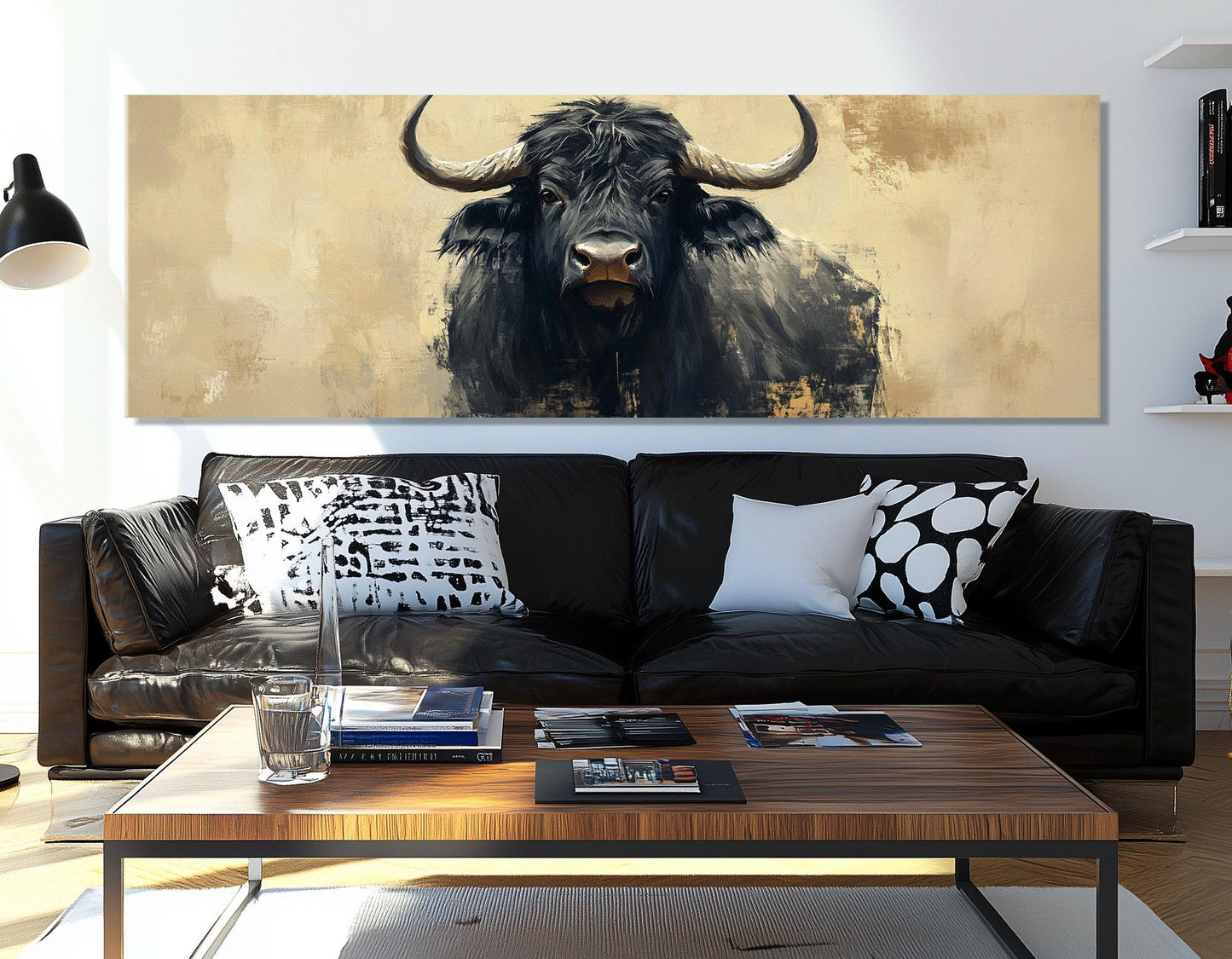 Black Buffalo Painting – Large Bull Canvas Print | Abstract Buffalo Poster, Framed Wall Art